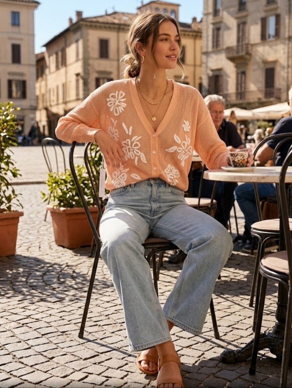 NWT Callahan Floral Embroidered V-Neck Peach Cardigan Sweater XS